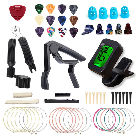 Guitar Accessories Kit Including Guitar Strings,Tuner,Guitar Capo, Restring Tool,Pick Holder,Bridge Pins,Finger Picks,Guitar Nuts and Saddles