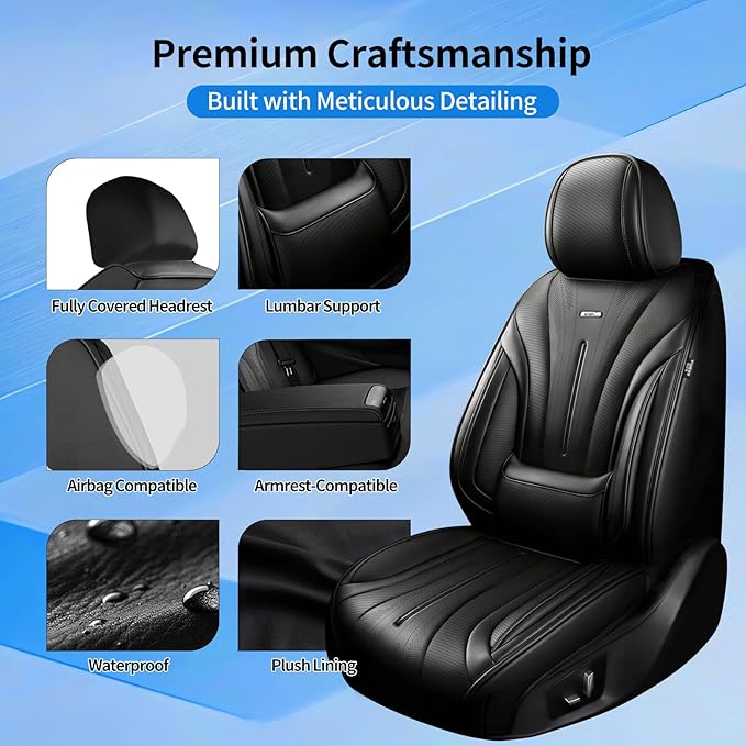 Fit Civic Car Seat Covers (Front Pair) for Select Honda Civic 2020-2026 Sedan (Not for Coupe), Full Coverage Leather, Waterproof All-Weather Breathable Seat Cushion Protector, Black & Red Trim