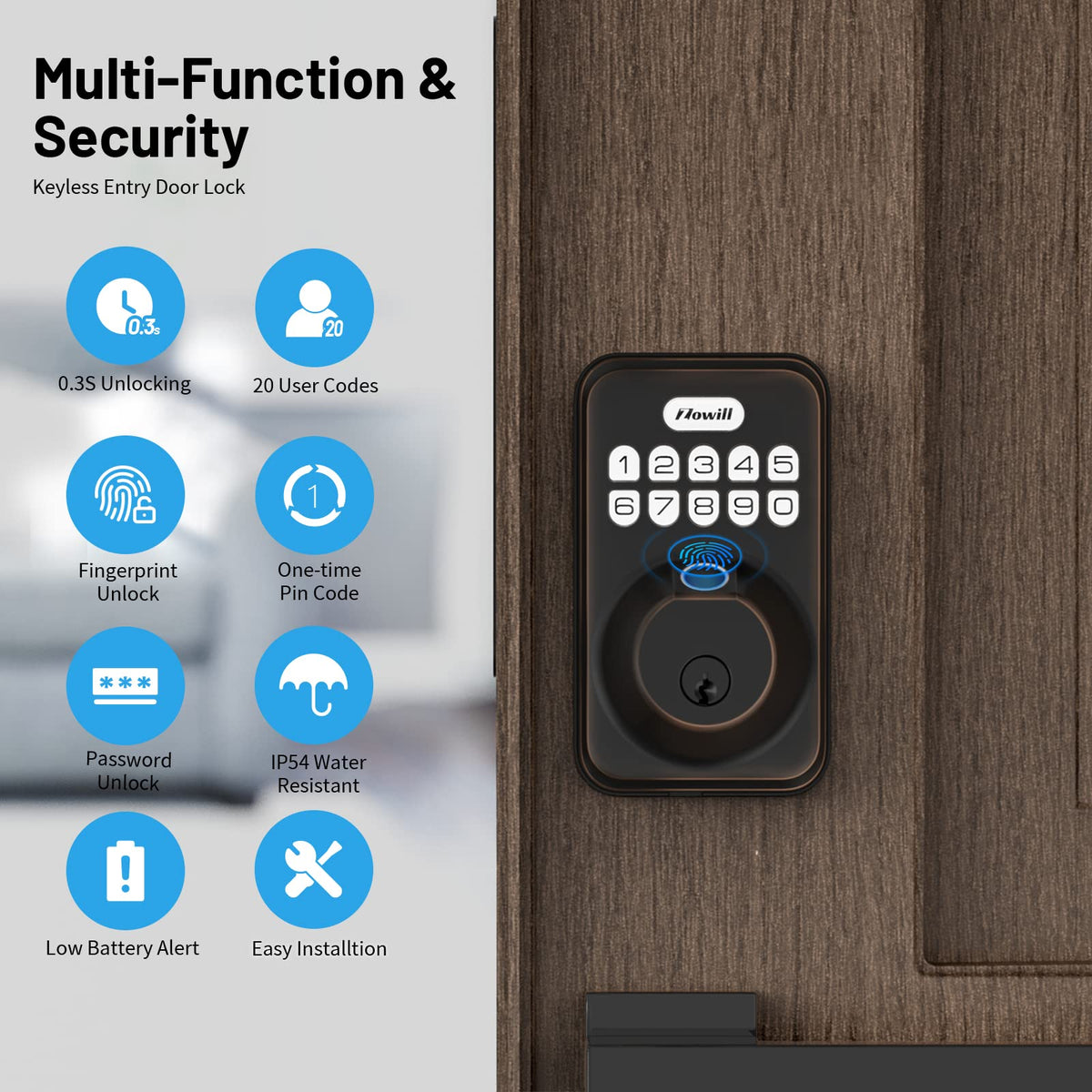 Fingerprint Door Lock, Zowill Keyless Entry Door Lock Keypad Deadbolt with 20 Biometric Fingerprints, 20 User Codes, Auto Lock, Anti-Peeping Password, IP54 Waterproof, Easy Installation Smart Lock