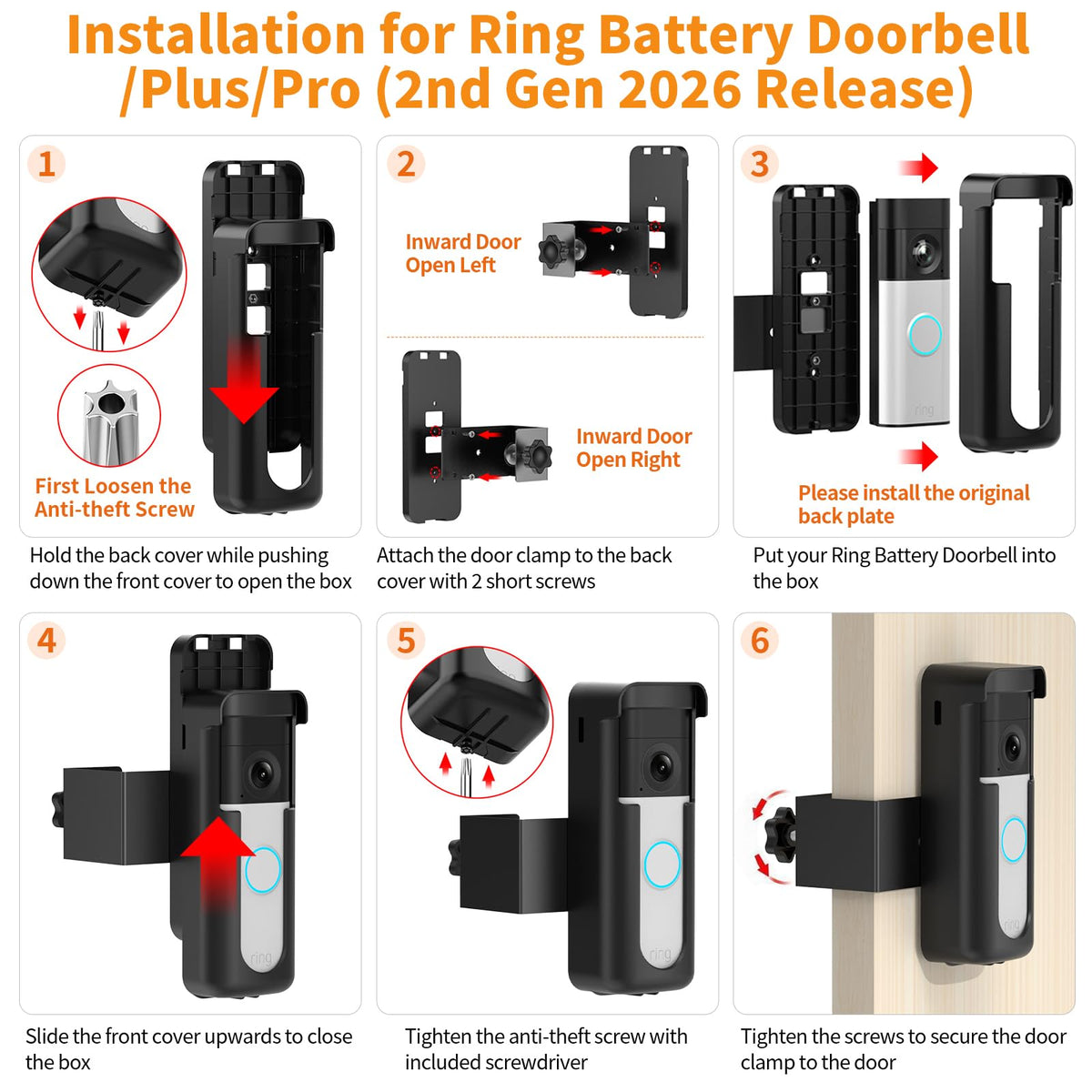 No-Drilling Anti-Theft Doorbell Mount for Ring Battery Doorbell/Plus/Pro 2nd Gen(2026 Newest Model), Doorbell Camera Mount for Apartment/Rental, Mounting Bracket Holder for Inward Swing Door, Black