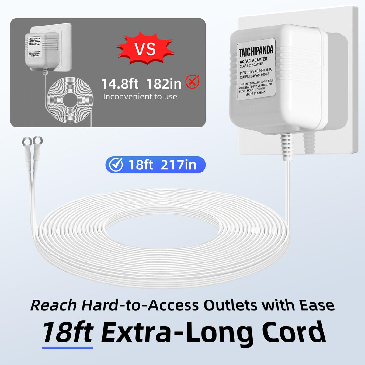 24V 500mA Doorbell Transformer, AC Adapter & 18ft Power Cable