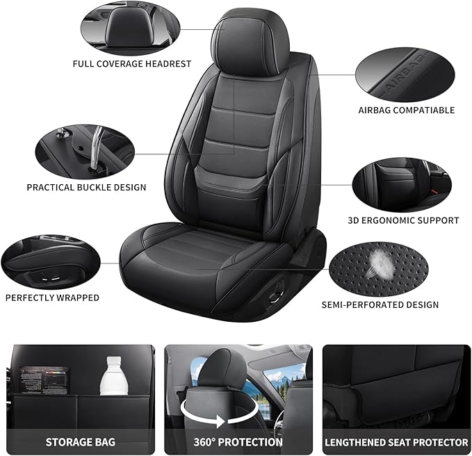 Car Seat Covers Full Set Custom Fit for Mercury Grand Marquis 1995-2011,Premium Faux Leather with Lumbar Support, Breathable, Anti-Slip & Soft Touch(Black,Fullset)