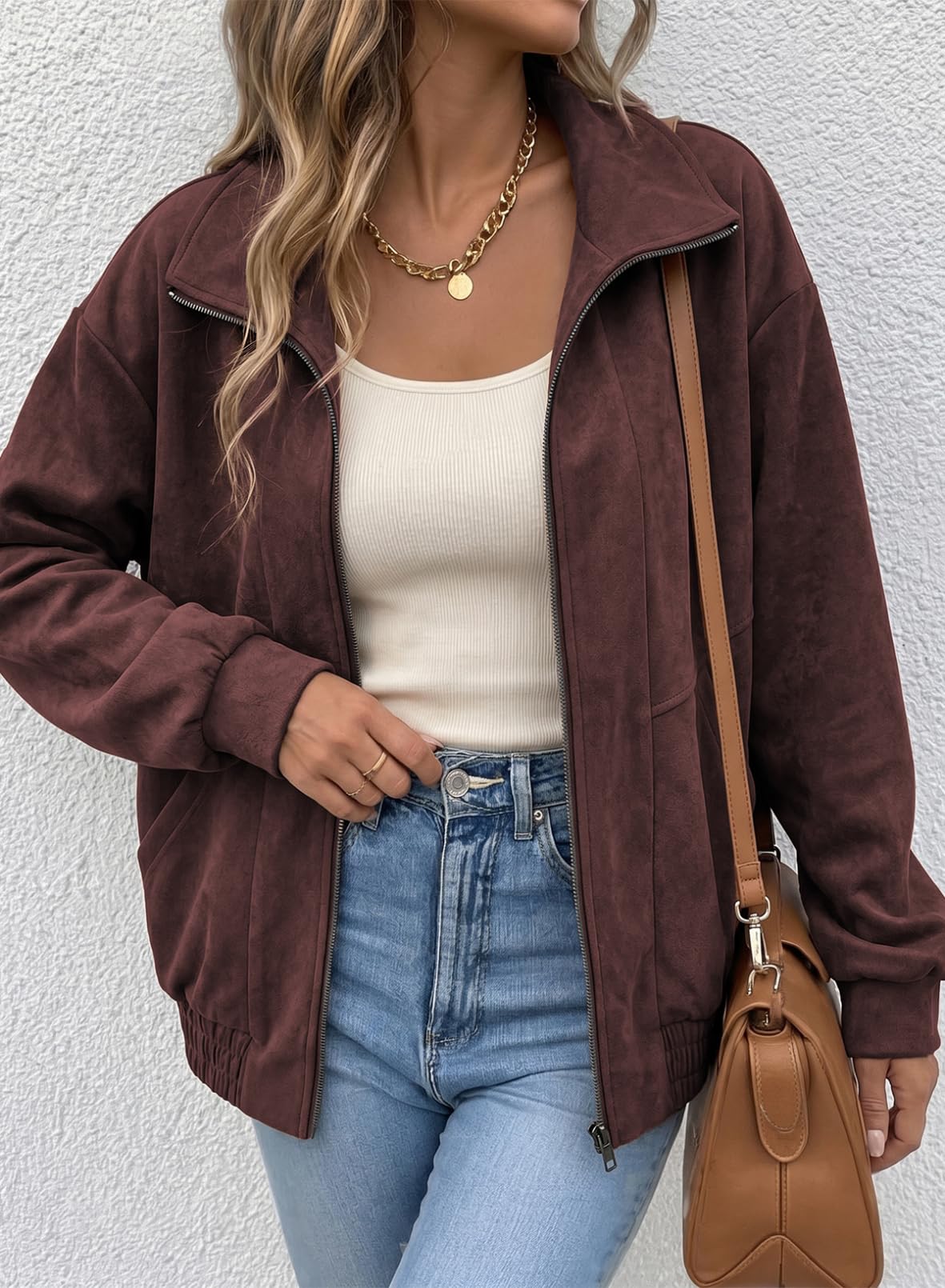 Dokotoo Winter Clothing for Women Long Sleeve Faux Suede Jackets Burgundy L