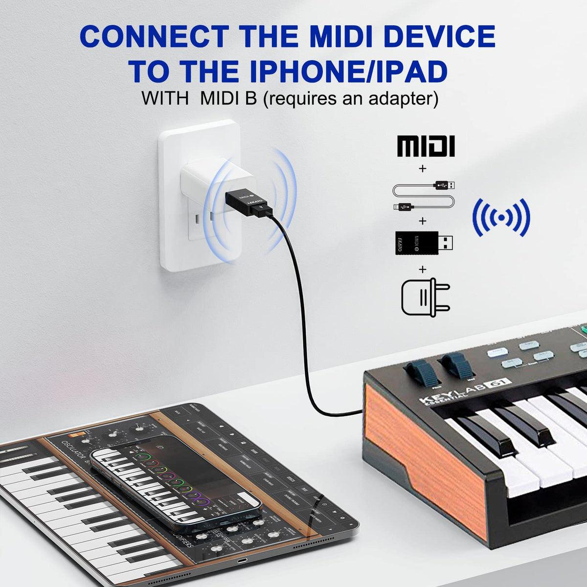 LEKATO Wireless MIDI Adapter, Bluetooth MIDI Adapter 5-PIN DIN with USB, Low Latency Rechargeable for Synthesizer, Digital Piano Keyboard to Mac OS/iOS/Windows
