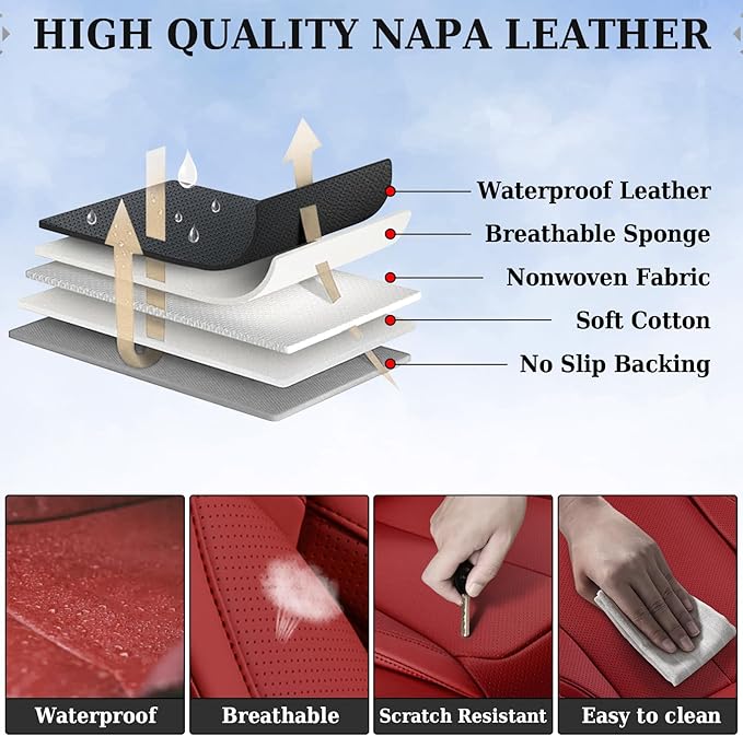 Coverado Universal Seat Covers Full Set, 5 Seats Universal Seat Covers for Cars, Waterproof Faux Leather Car Seat Covers with Head Pillow, Auto Protectors Fit for Most Sedans SUV Pick-up Truck-Red