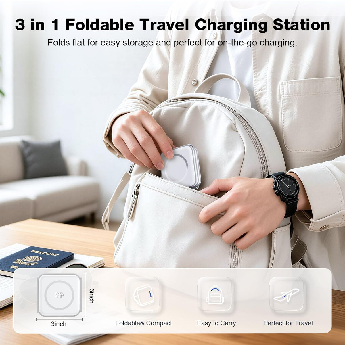 Wireless Charger 3 in 1,RTOPS Magnetic GaN Travel Wireless Charging Station Compatible with Apple Magsafe Multiple Devices for iphone17/16/15/14/13/Pro/Max,iWatch,AirPods4/3/2/Pro (Adapter Includes)