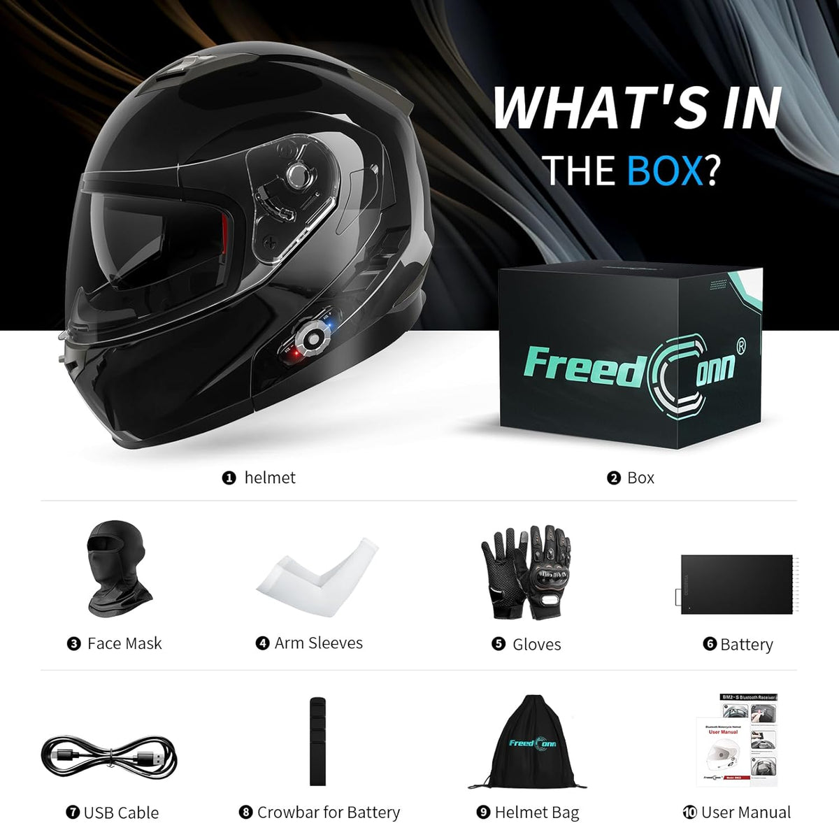 Motorcycle Helmet Bluetooth 5.0 Integrated New EPS FreedConn BM2-S Modular Flip Up Dual Visor Motorbike Helmet DOT FMVSS-218 Approved MP3 FM for Adults Men Women(Small, Glossy Black)