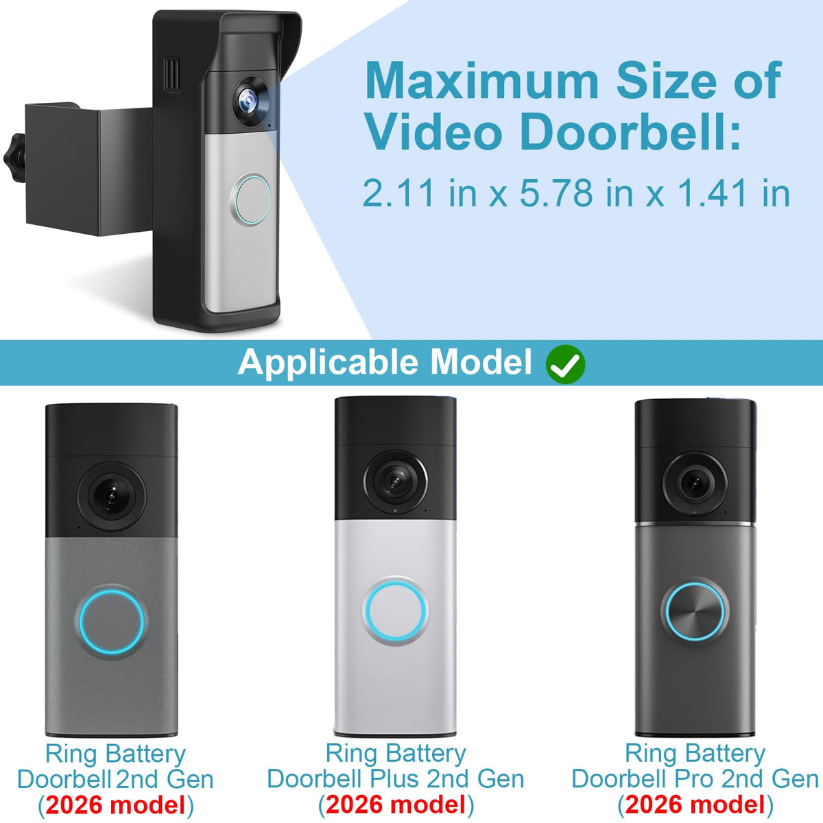 2026 Upgrade Anti-Theft Video Doorbell Mount for Ring/Other Battery Doorbell/Plus/Pro(2nd Gen), Adjustable No-Drill Mounting Video Camera Doorbell Cover Holder for Rentals, Not for Security Door