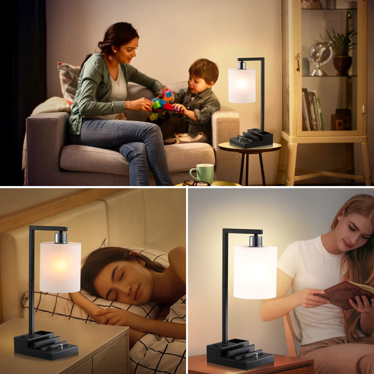 Bedroom Lamps for Nightstand, 3 Color Temperature Nightstand Lamp Bedside Lamps with Dual USB Ports and Outlet, Modern Table Lamp Built-in Pen Holder & Phone Stands, Energy Saving LED Bulb Included