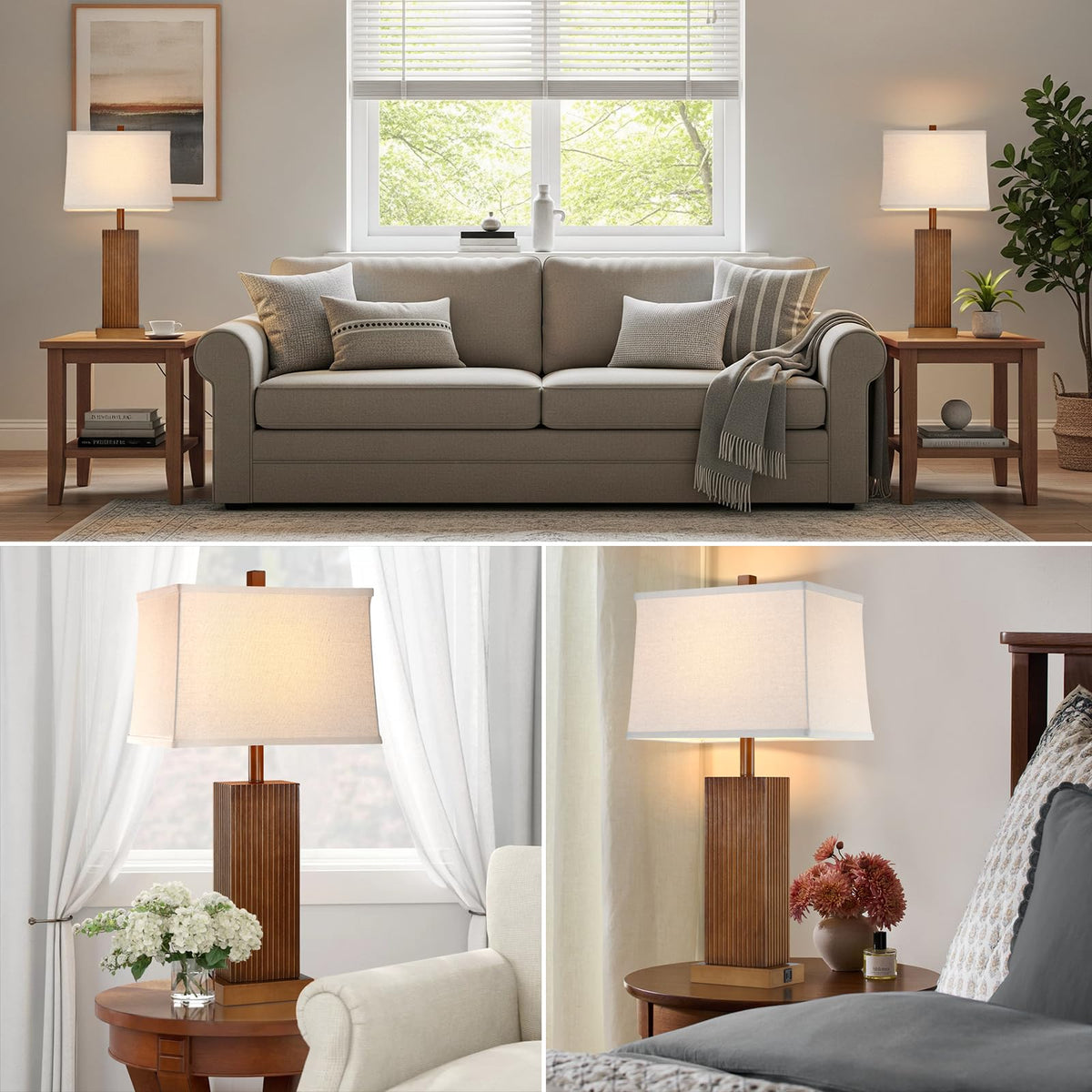 Lovlast 27.5" Wood Table Lamps Set of 2 for Bedroom Living Room (Walnut)