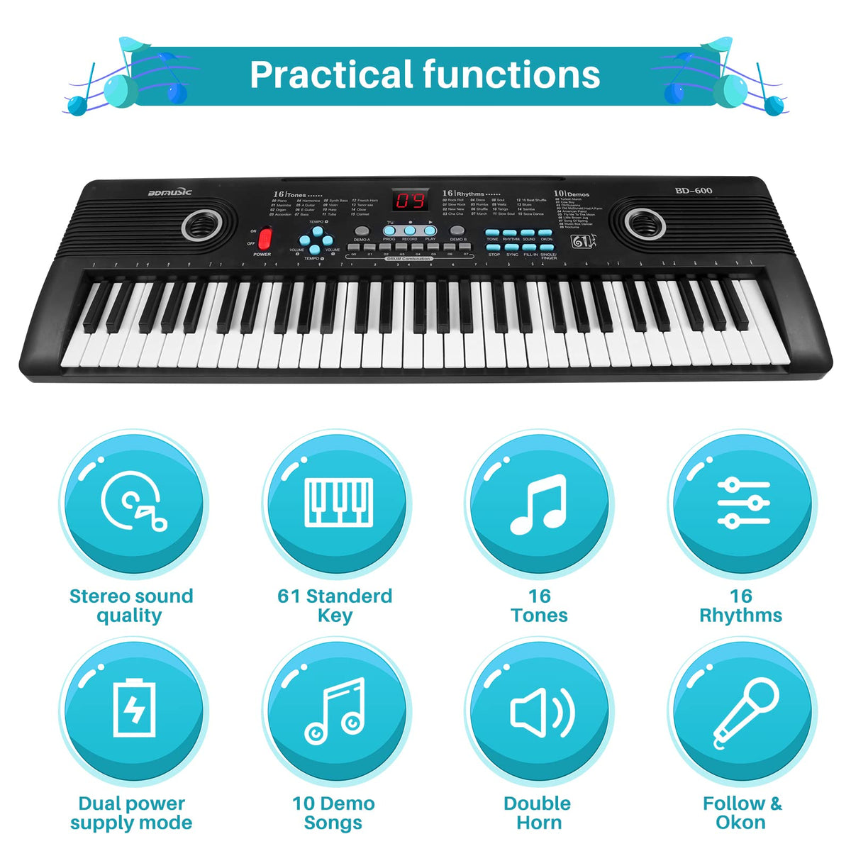 61 key keyboard Piano,Portable Electronic Digital Piano,Built In Dual Speakers,External Microphone,Power Plug,Rich Teaching Content,Multi-Functional Electronic Piano Suitable For Beginners