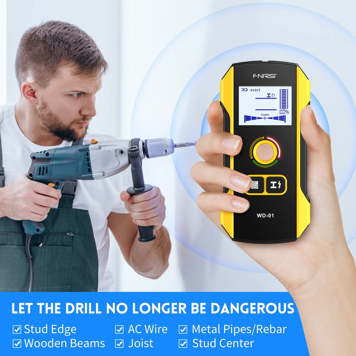 FNIRSI WD-01 6 in 1 Rechargeable Stud Finder Wall Scanner, Positioning Hole
