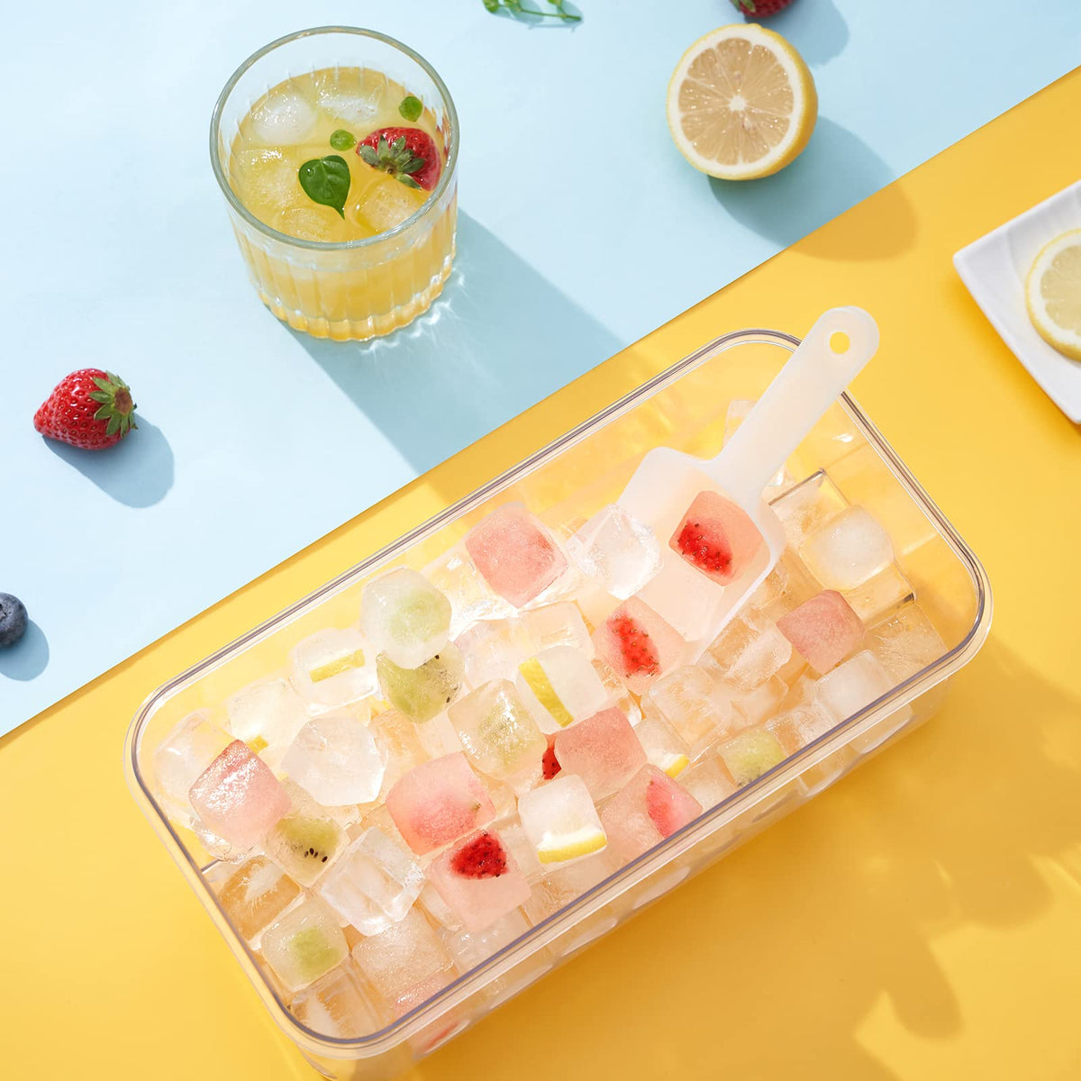 PHINOX 1" Ice Cube Tray with Lid and Bin, Easy Release 96 Cubes for Freezer