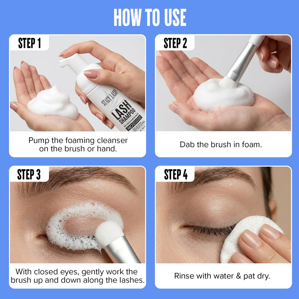 STACY LASH Eyelash Extension Shampoo + Brush / 1.69 fl.oz / 50ml / Korean Makeup Remover/Eyelid Foaming Cleanser/Wash for Extensions & Natural Lashes/Supplies for Professional & Home Use