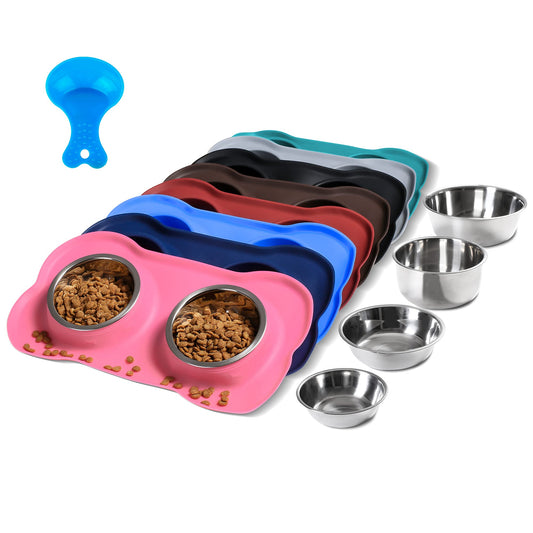 Hubulk Pet Dog Bowls 2 Stainless Steel Dog Bowl with No Spill Non-Skid Silicone Mat + Pet Food Scoop Water and Food Feeder Bowls for Feeding Small Medium Large Dogs Cats Puppies (S, Pink)