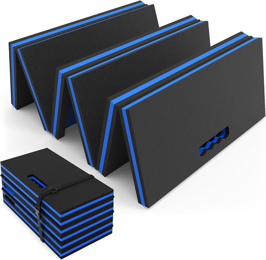 Thick Mechanic Mat, Foldable EVA Mat with Magnetic Tool Compartments, Waterproof Mechanic Kneeling Pad with Handle for Garage Workshop Repairing Gardening, 46.5" x 15.8" x 1.1 ", Black & Blue