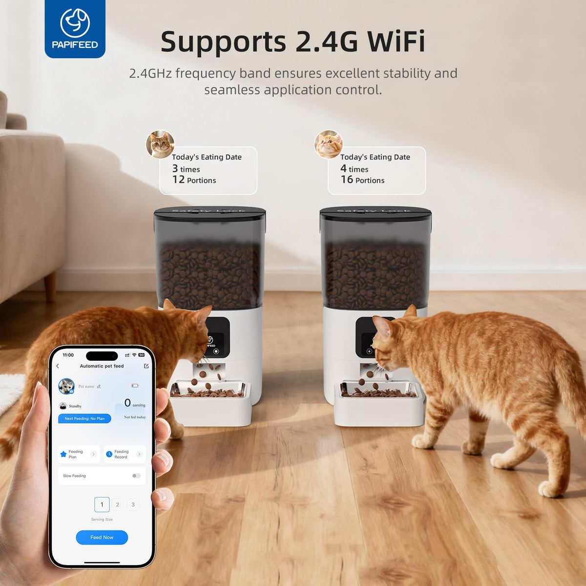 PAPIFEED Automatic Cat Feeder with App, WiFi Auto Cat Feeder, 6L Slow-Feed Cat Food Dispenser for Dry Food, Dual Power Supply Timed Pet Feeder for Small Dog, 10 Meals/Day, 12 Portions/Meal, White