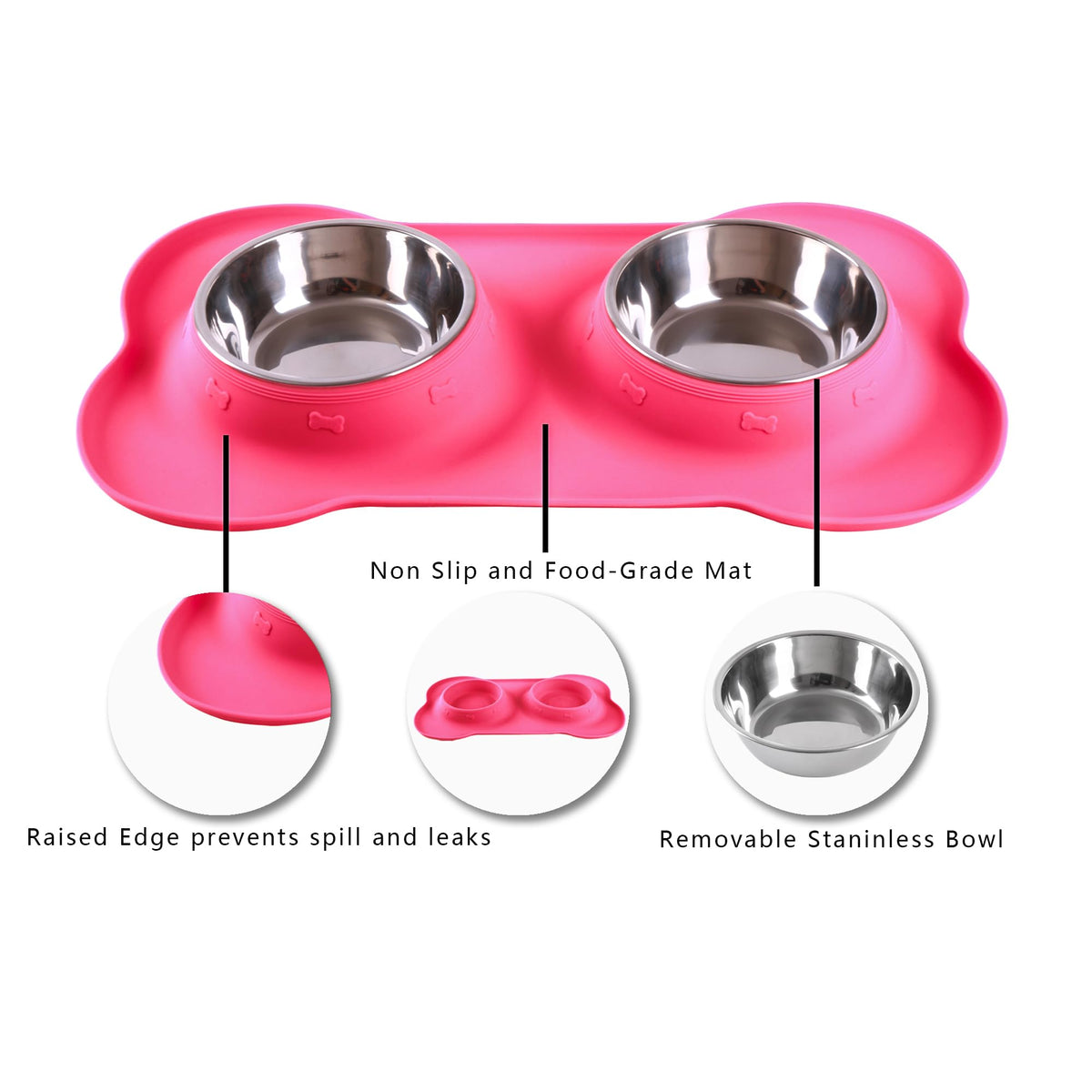 Hubulk Pet Dog Bowls 2 Stainless Steel Dog Bowl with No Spill Non-Skid Silicone Mat + Pet Food Scoop Water and Food Feeder Bowls for Feeding Small Medium Large Dogs Cats Puppies (S, Pink)