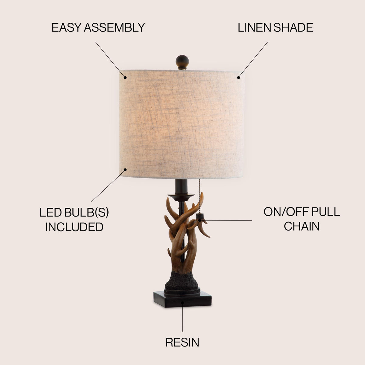 JONATHAN Y Gaston Rustic Faux Antler Resin Table Lamp 20.5", Brown