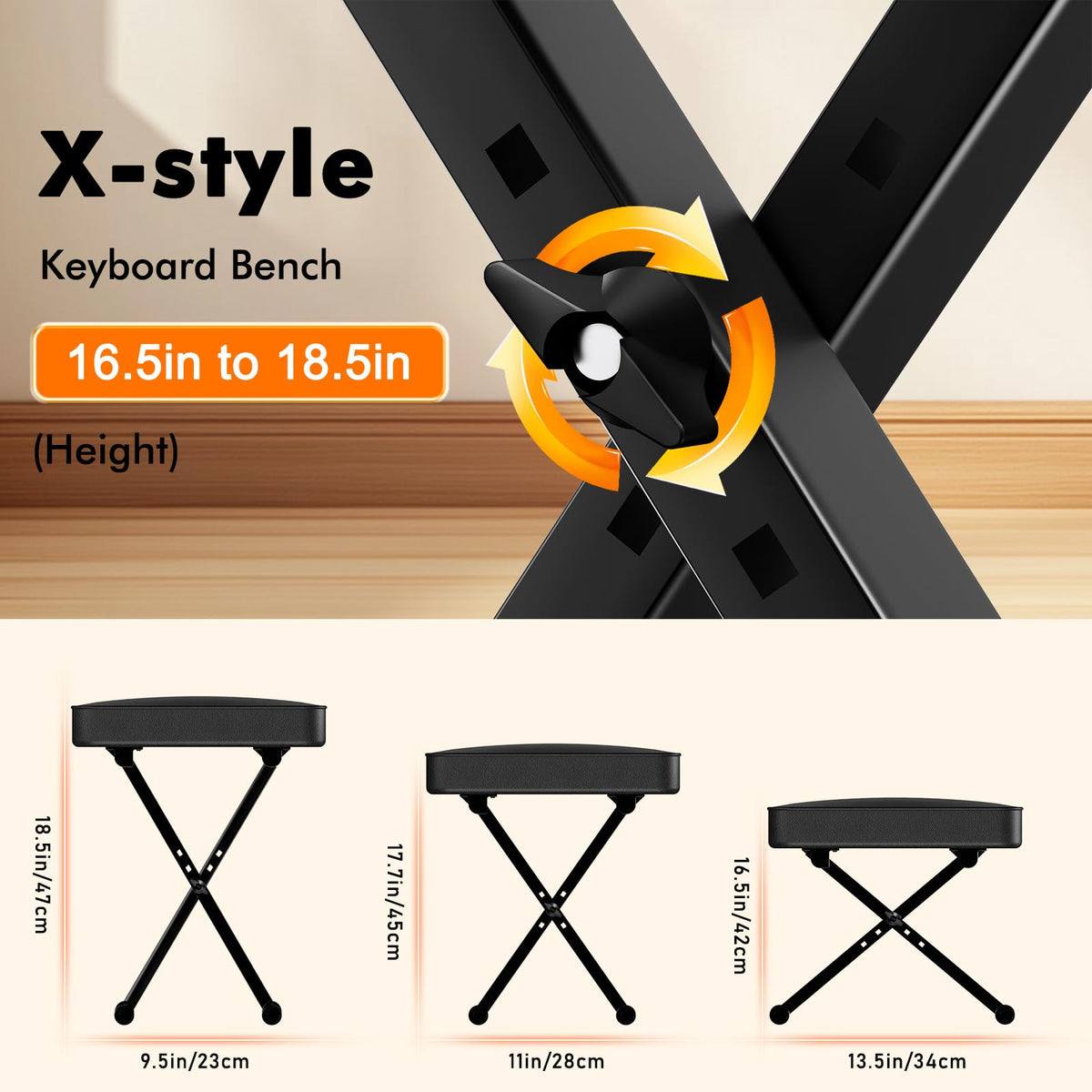 GLEAM Keyboard Stand and Bench Set, Double X Style Digital Piano Stand Height from 19" to 38", Heavy Density Foam Padded Stool from 14" to 18"