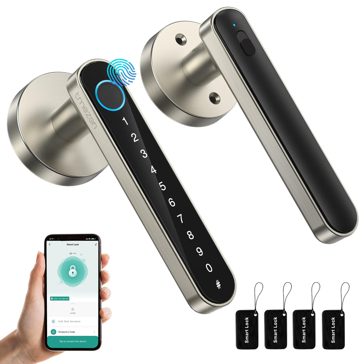 TMEZON Smart Door Lock Fingerprint, Keyless Entry Door Lock with Handle APP/IC Cards/Codes/Keys/Fingerprints Biometric Electronic Smart Lock for Bedroom Home Hotel Office