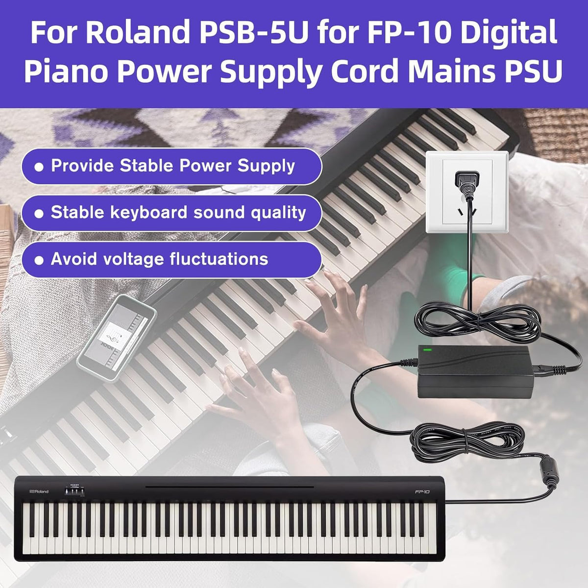 12V DC Adapter Charger Fit for Roland PSB-5U for FP-10 Digital Piano Power Supply Cord Mains PSU, 2A 6.5FT Power Supply Cord Battery Charger for Digital Piano Electronic Keyboard