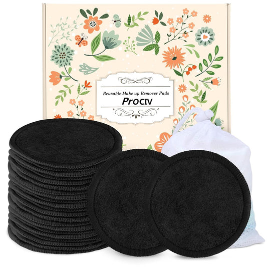 ProCIV Reusable Makeup Remover Pads, 25 Packs Organic Washable & Eco, Black