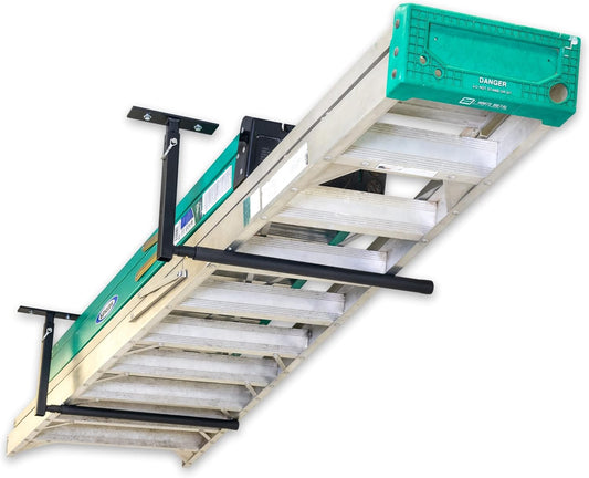 StoreYourBoard Adjustable Ceiling Rack – Hi Port 2 Garage Ceiling Ladder Hanger | Adjustable Overhead Ladder Storage for Step & Extension Ladders | Garage Organization | Holds 75 lbs