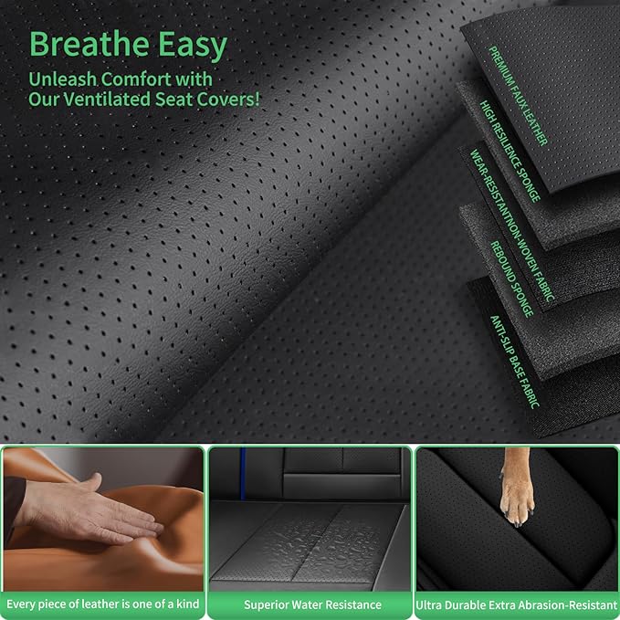 Fit Ridgeline Car Seat Covers for Honda Ridgeline 2007-2025 2026-Upgraded Premium Waterproof & Breathable Leather,Airbag Compatible,All-Weather Seat Cushion Protector,Full Set,Black-Blue