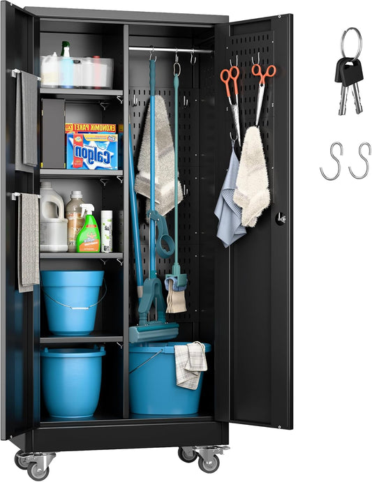 Garage Storage Cabinet with Wheels, 61.7" H Broom Closet Storage Cabinet with Hanging Rod, 5 Pegboard and 13 Hooks, Metal Cabinets with Locking Doors and 4 Shelves, Black