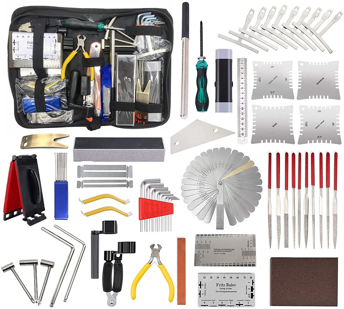 TUOREN 61Pieces Complete Guitar Repairing Tool Kit with Ruler Gauge Measuring Tool Hex Wrench Files Fingerboard Guard Grinding Stone Guitar Gift for Acoustic Electric Guitar & Bass Banjo