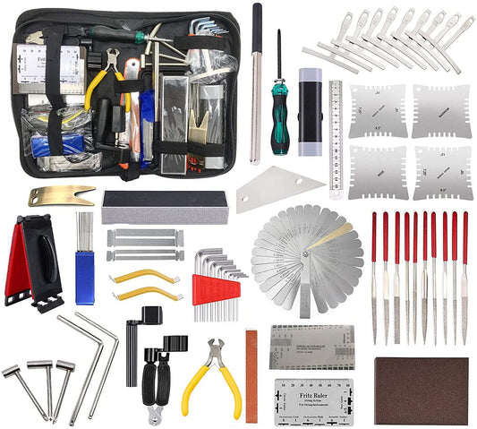 TUOREN 61Pieces Complete Guitar Repairing Tool Kit with Ruler Gauge Measuring Tool Hex Wrench Files Fingerboard Guard Grinding Stone Guitar Gift for Acoustic Electric Guitar & Bass Banjo