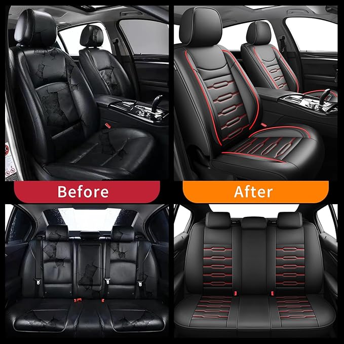 Fit Ridgeline Car Seat Covers for Honda Ridgeline 2007-2025 2026 - Upgraded Premium Waterproof & Breathable Leather, Airbag Compatible, All-Weather Seat Cushion Protector (Full Set, Black+Red)