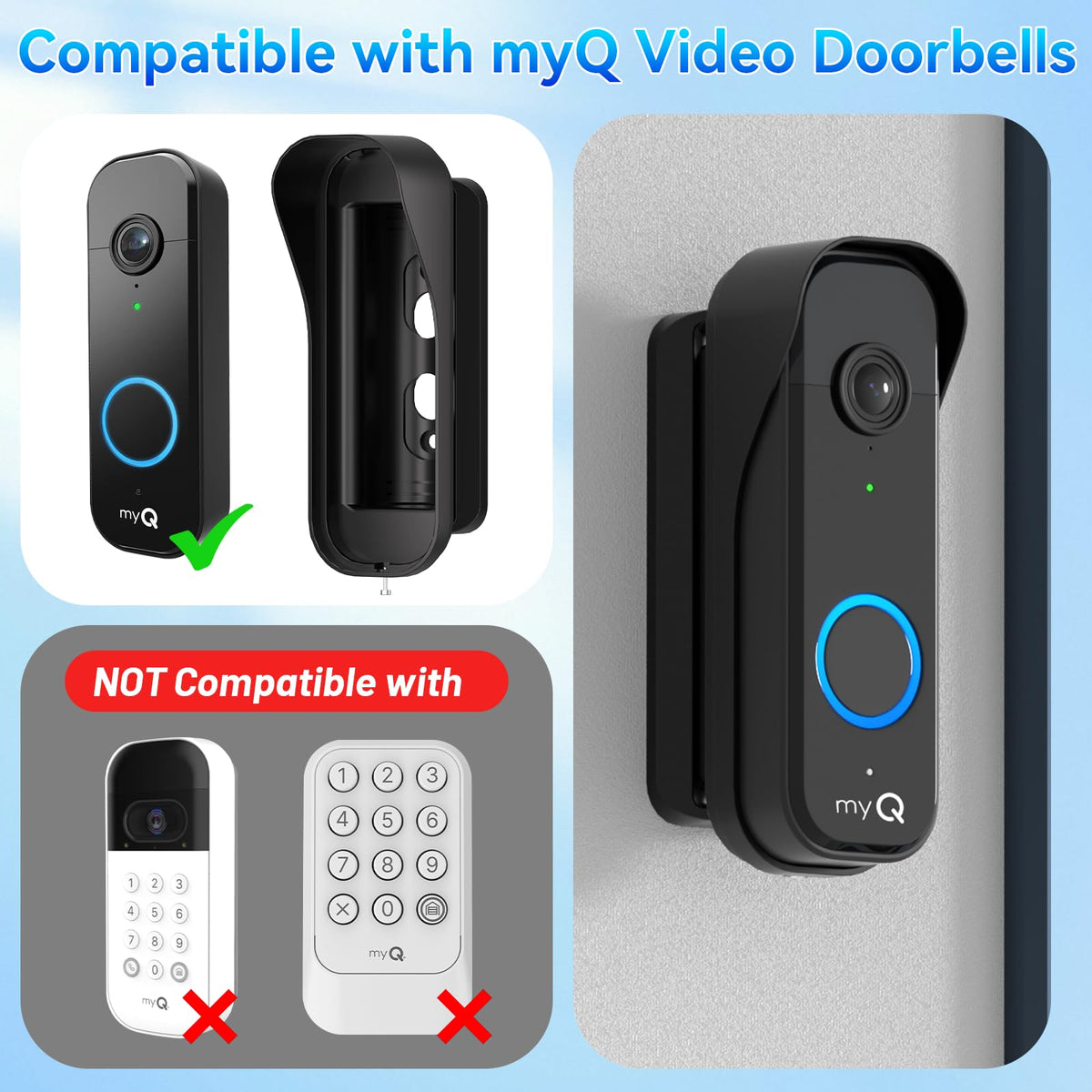 Doorbell Mount for myQ Video Doorbell Camera, Adjustable Left/Right Viewing Angle(40 to 140), Weatherproof Mounting Bracket, Anti-Blocks Motion Sensor, Compatible with Homes, Apartments, Dorms-Black