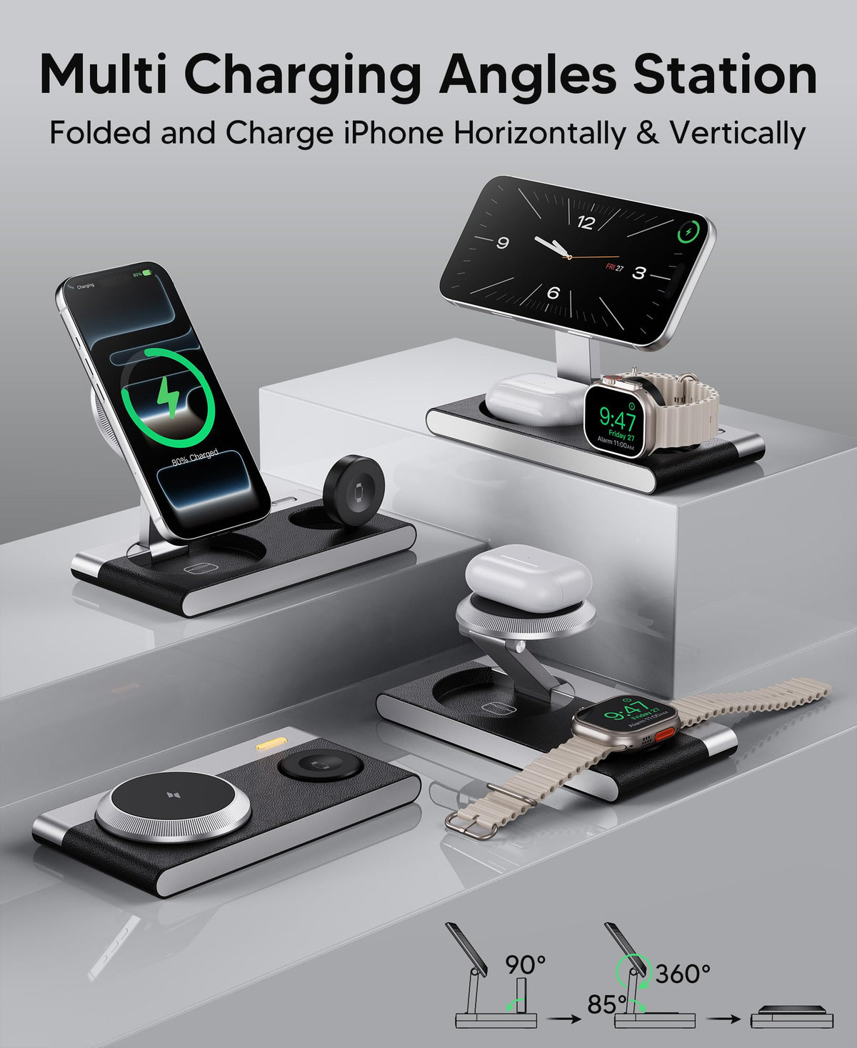 3 in 1 Magnetic Wireless Charging Station for Apple Devices,Foldable Wireless Charger Stand for Magsafe iPhone 17 Air 16/15/14/13/12,Apple Watch,AirPod,Wireless Charger Dock with Night Light