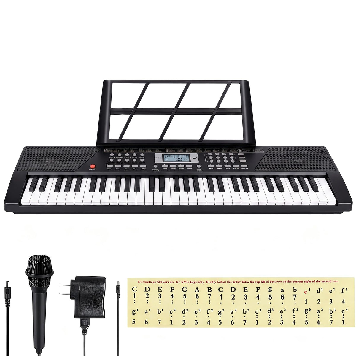 61 Key Keyboard Piano,Portable Electronic Digital Piano for Beginners with Built-In Speaker Microphone,Piano Note Stickers,Sheet Music Stand and Power Supply