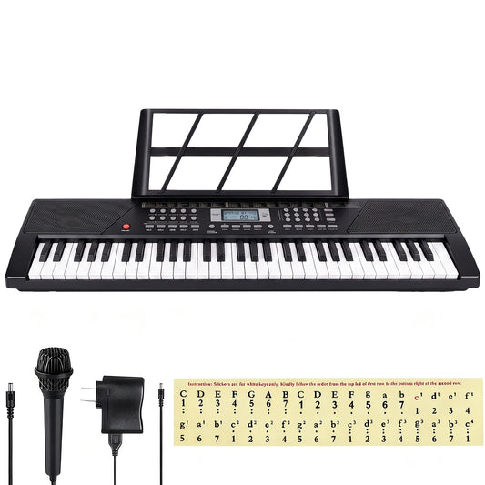 61 Key Keyboard Piano,Portable Electronic Digital Piano for Beginners with Built-In Speaker Microphone,Piano Note Stickers,Sheet Music Stand and Power Supply