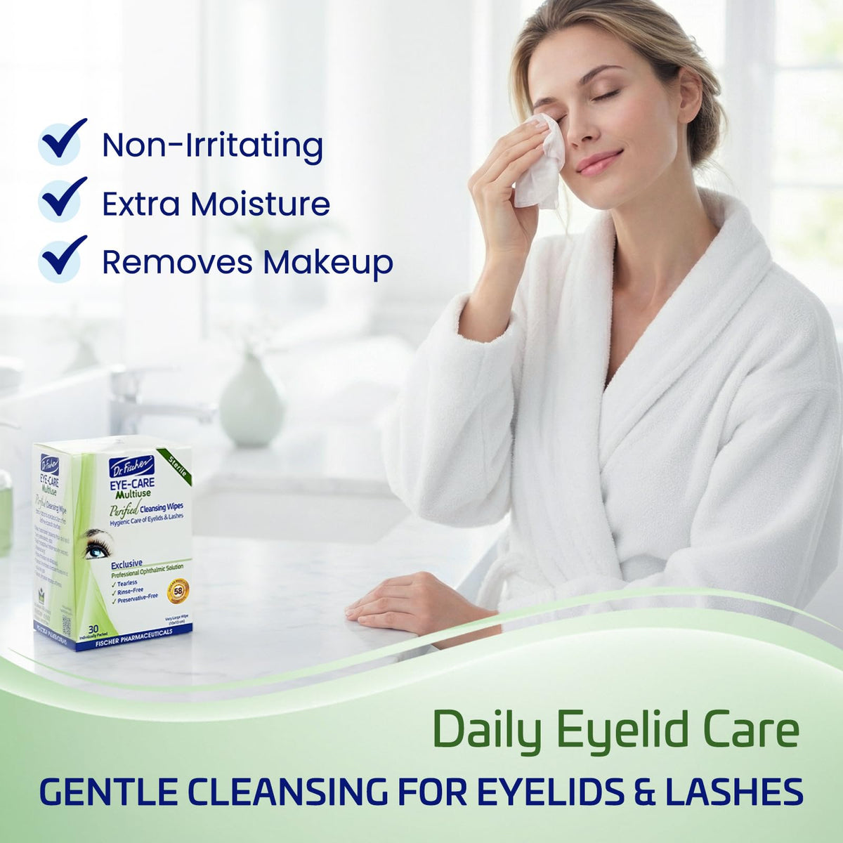 Dr. Fischer Eyelid Wipes - Purified, Non-Irritating, Pre-moistened Eye Wipes for Cleansing Sensitive Skin. Hypoallergenic Make-up Remover (30)
