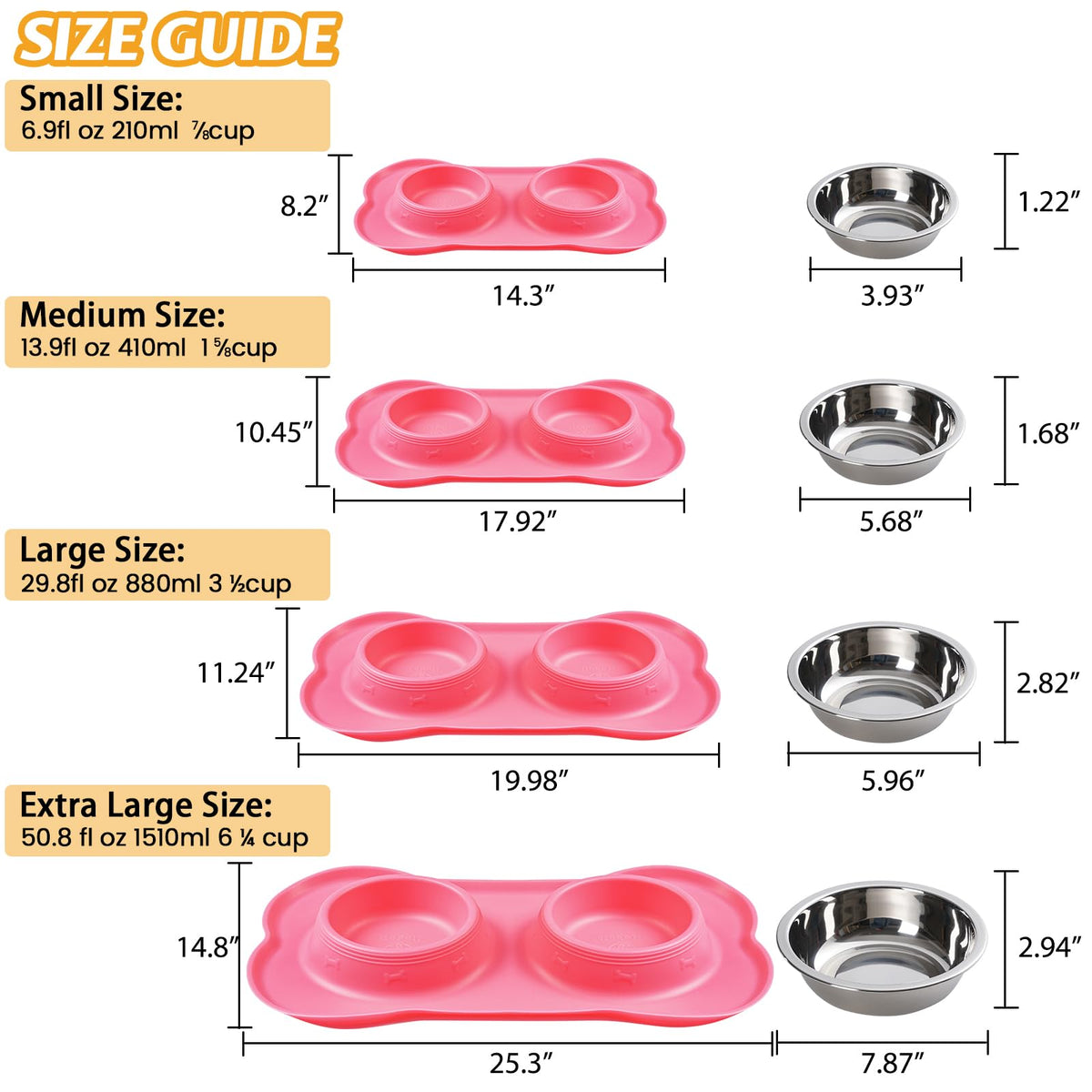 Hubulk Pet Dog Bowls 2 Stainless Steel Dog Bowl with No Spill Non-Skid Silicone Mat + Pet Food Scoop Water and Food Feeder Bowls for Feeding Small Medium Large Dogs Cats Puppies (S, Pink)