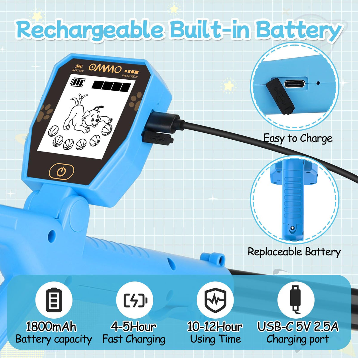 OMMO Kids Metal Detector with Funny LCD Display, Adjustable Height(Azure)