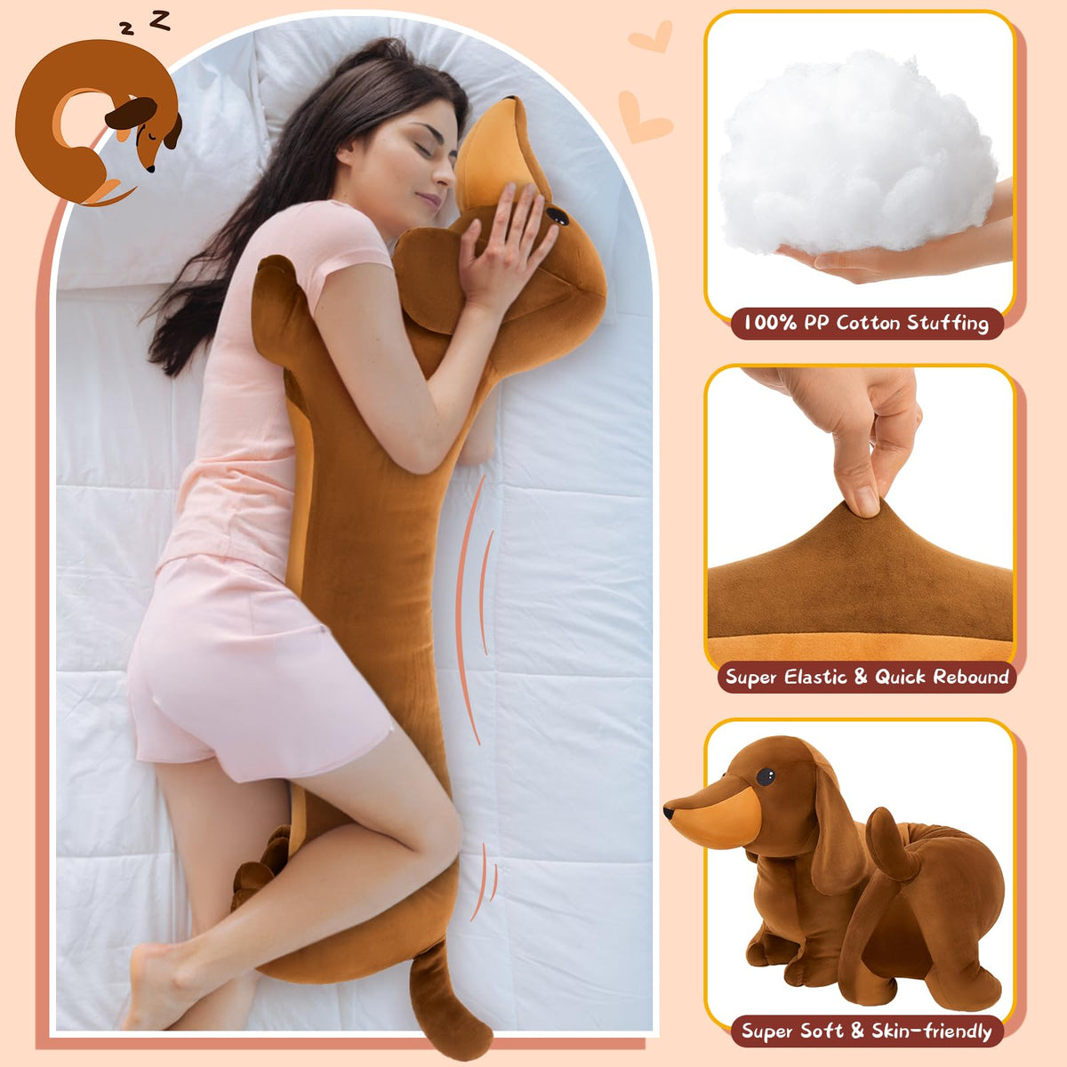 MorisMos Dachshund Stuffed Animal, 43'' Long Dachshund Body Pillow, Brown