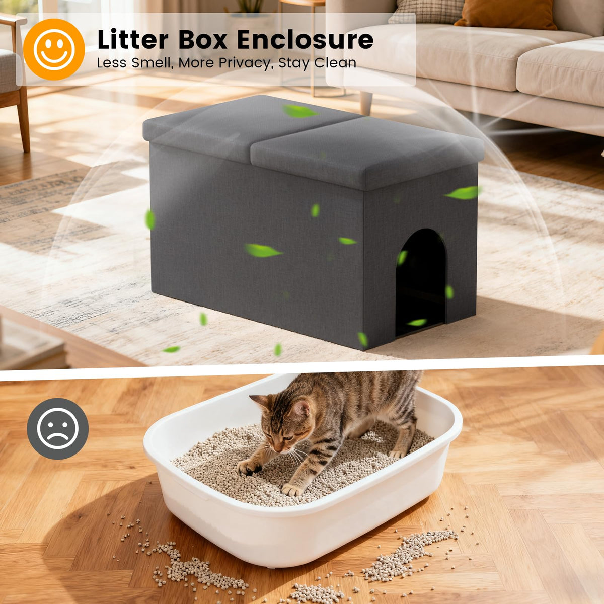 Fecuria 3-in-1 Cat Litter Box Enclosure with Odor Control, Multi-Functional Hidden Litter Box Furniture Bench, Dog Proof, Space-Saving Ottoman Cabinet with Flip-Up Lid, Storage Footrest, Dark Grey