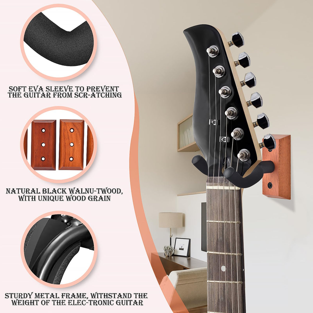 DOMMI Guitar Wall Mount 4 Pack, Guitar Hanger with Rotatable Soft Hook for All Size Guitars, Hardwood U-Shaped Guitar Holder Wall Mount for Acoustic, Electric Guitar, Bass (Mahogany)