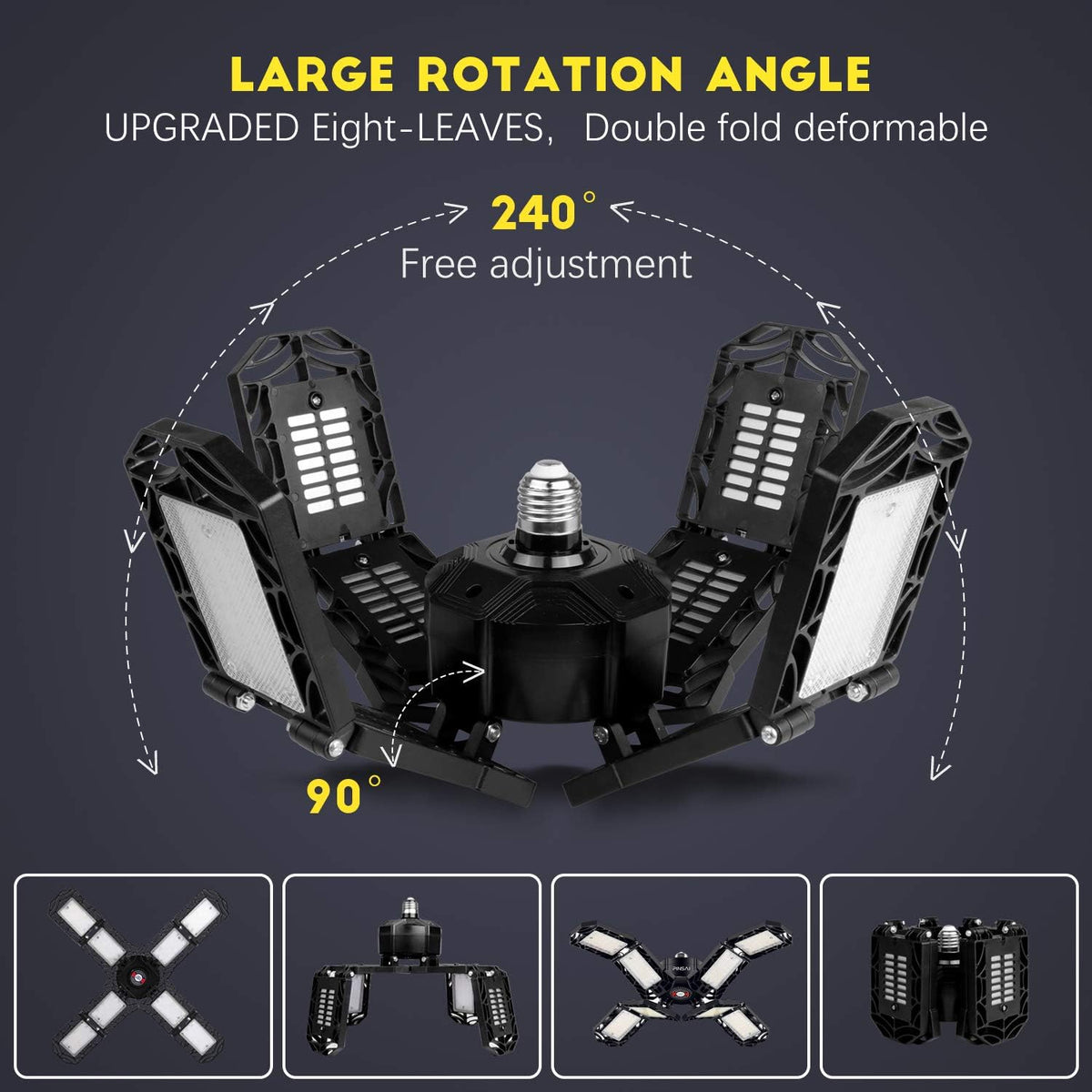 4 Pack LED Garage Light, Super Bright Screw in E26/E27 Ceiling Shop Work Lamp, 200W 20000 Lumen Deformable Basement Bulb Fixture with 8 Adjustable Panels