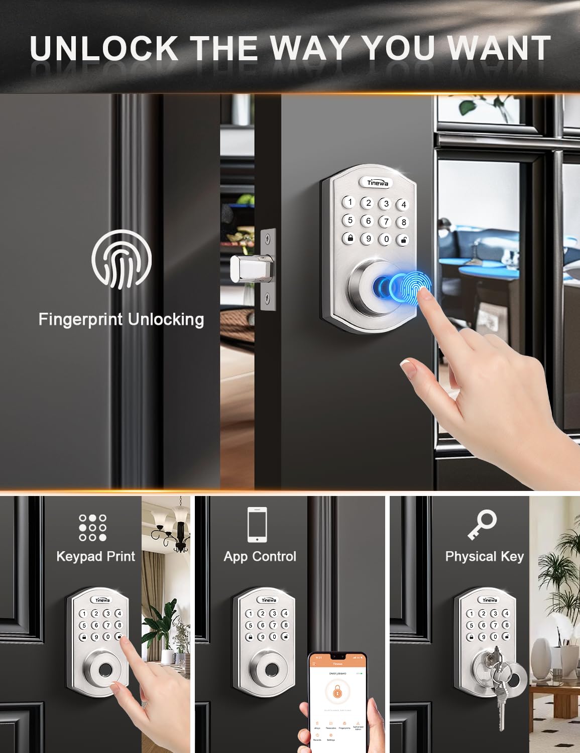 Tinewa Smart Locks for Front Door - Satin Nickel Keyless Entry Door Lock with Flat Ball Door Knobs, Electronic Digital Keypad Deadbolt with Fingerprint, APP Control, Easy Installation, Home Security