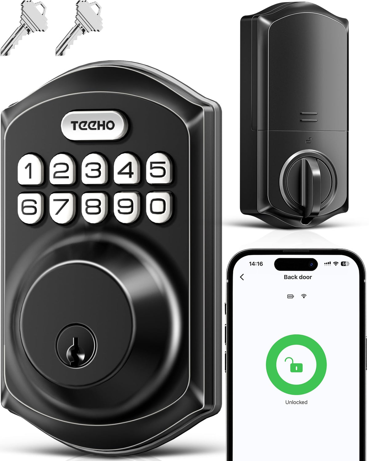 TEEHO TE011W WiFi Keypad Deadbolt, Smart Locks for Front Door, Matte Black
