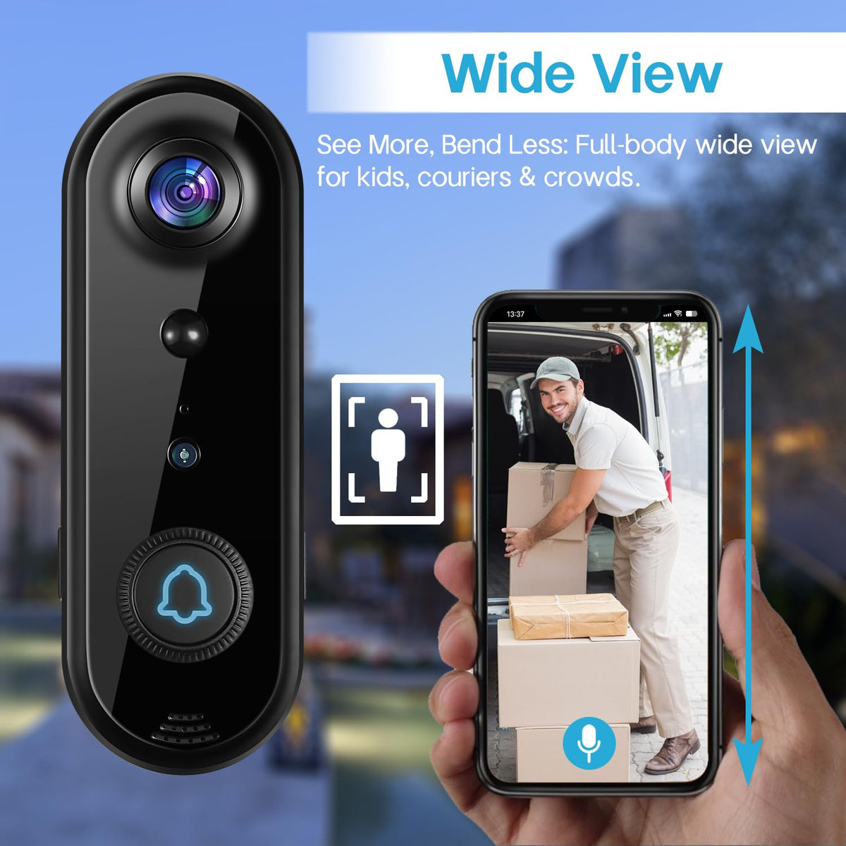 Taishixing HD Wireless Video Doorbell Camera with Chime, Smart Human Detection, Real-time Alert, FHD Night Vision, Two-Way Audio, IP65 Waterproof, 2.4Ghz WiFi, SD Card Storage/Cloud Storage