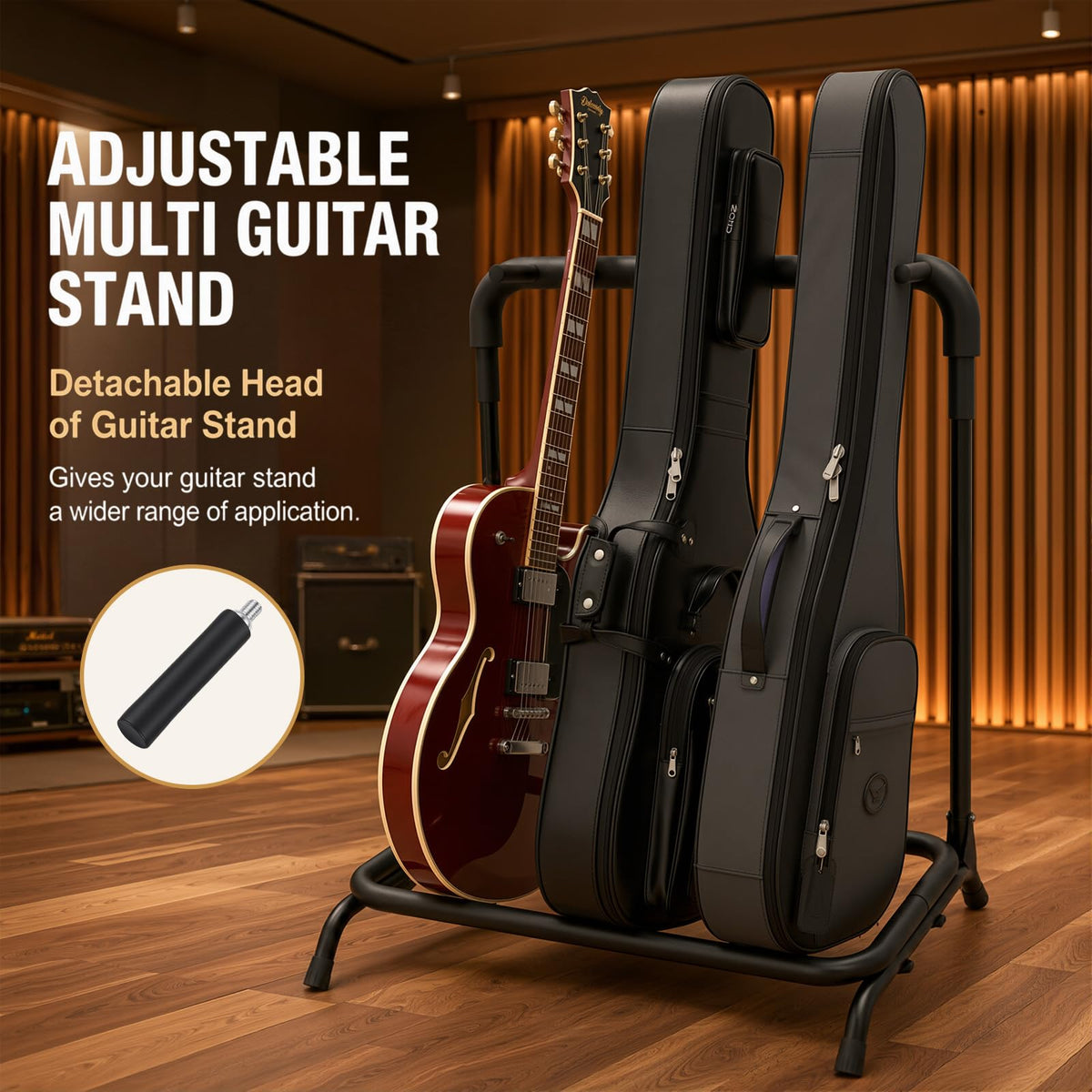 Tipatyard 3 Multi Guitar Stand Rack with 12 Guitar Picks - Foldable Multi Guitar Rack with Guitar Picks in 4 Thicknesses - Universal Guitar Holder for 5 Guitars - Ideal for Acoustic Guitar, Electric Guitar, Bass