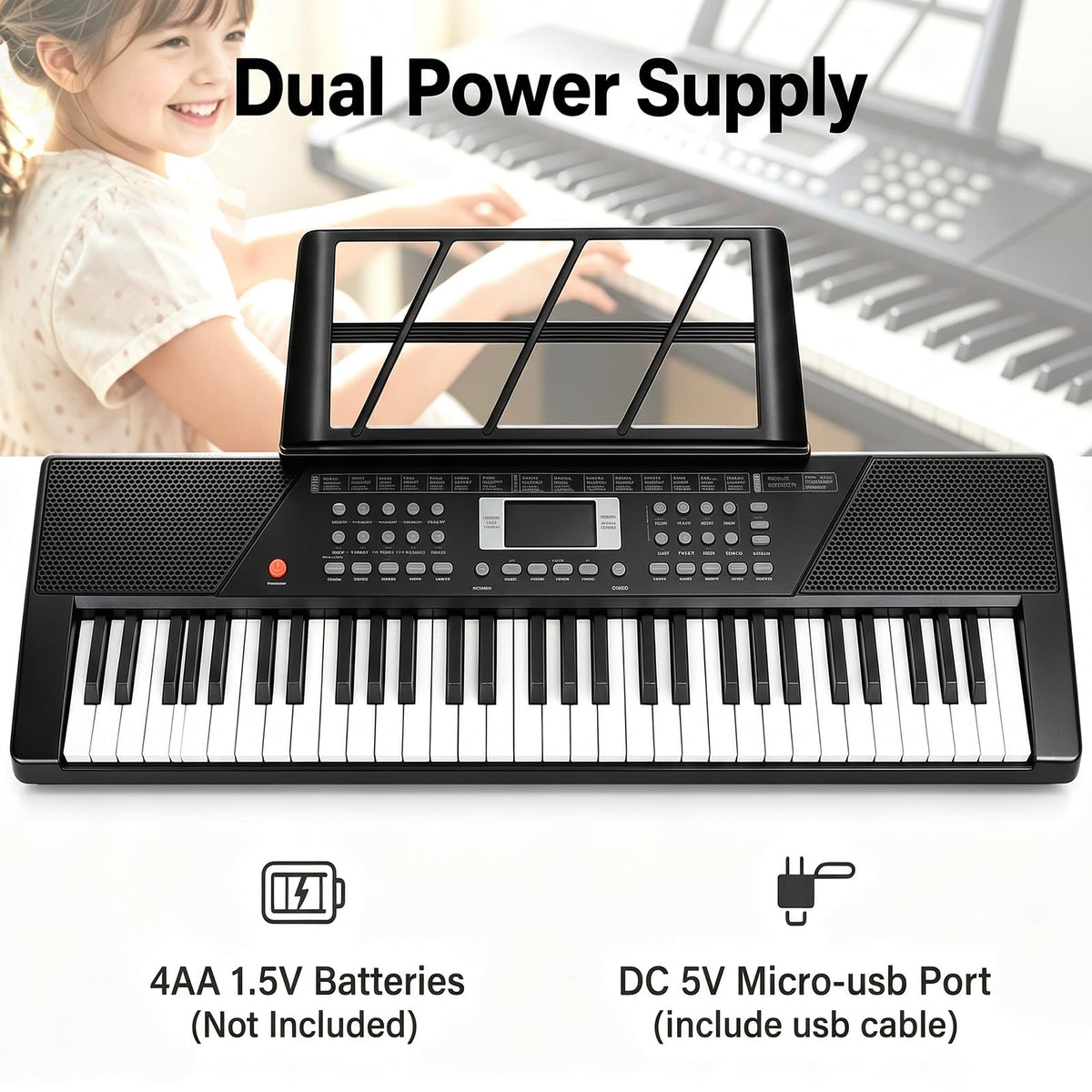61 Key Keyboard Piano,Portable Electronic Digital Piano for Beginners with Built-In Speaker Microphone,Piano Note Stickers,Sheet Music Stand and Power Supply