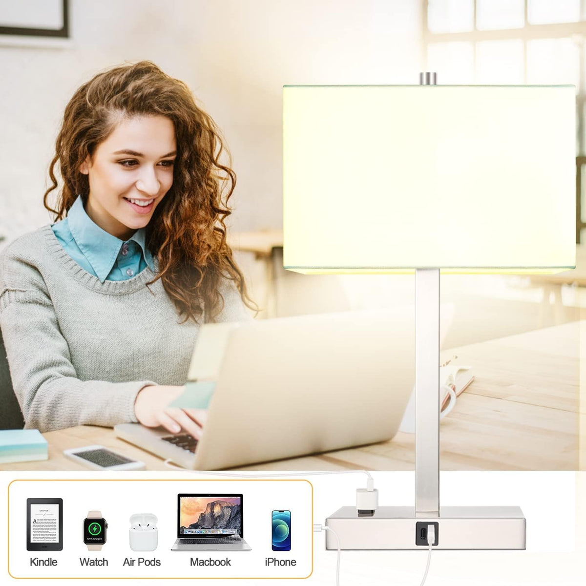 21" Touch Bedside lamps with 2 USB & AC Outlets, 3-Way Dimmable Bedside Table Lamps Set of 2 for Bedroom Living Room Office Reading, White Shade Lamps for Night Stands, 3000K LED Bulbs Included